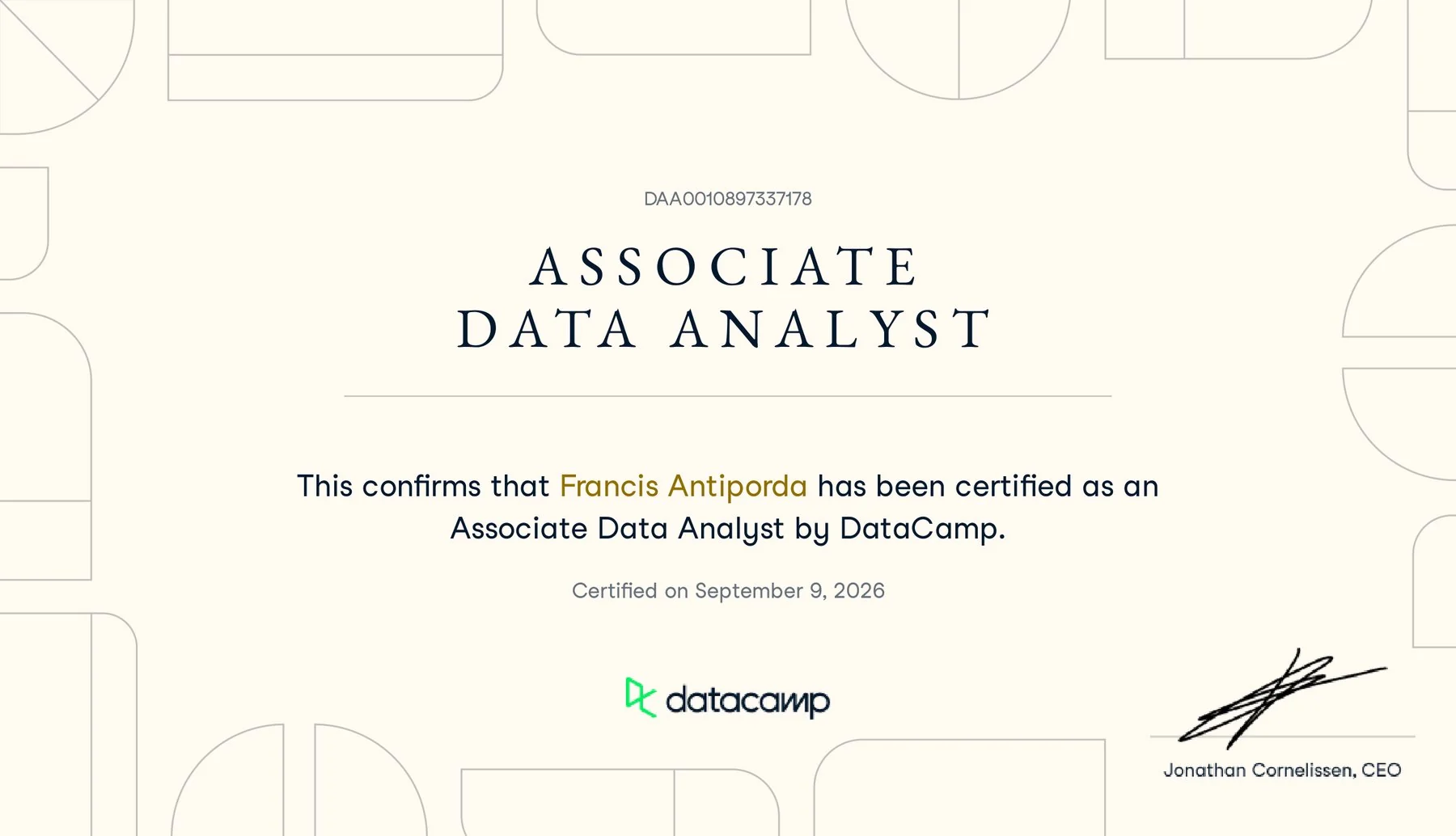 DataCamp certificate naming Francis Antiporda as a certified Associate Data Analyst, dated 9 September 2026.