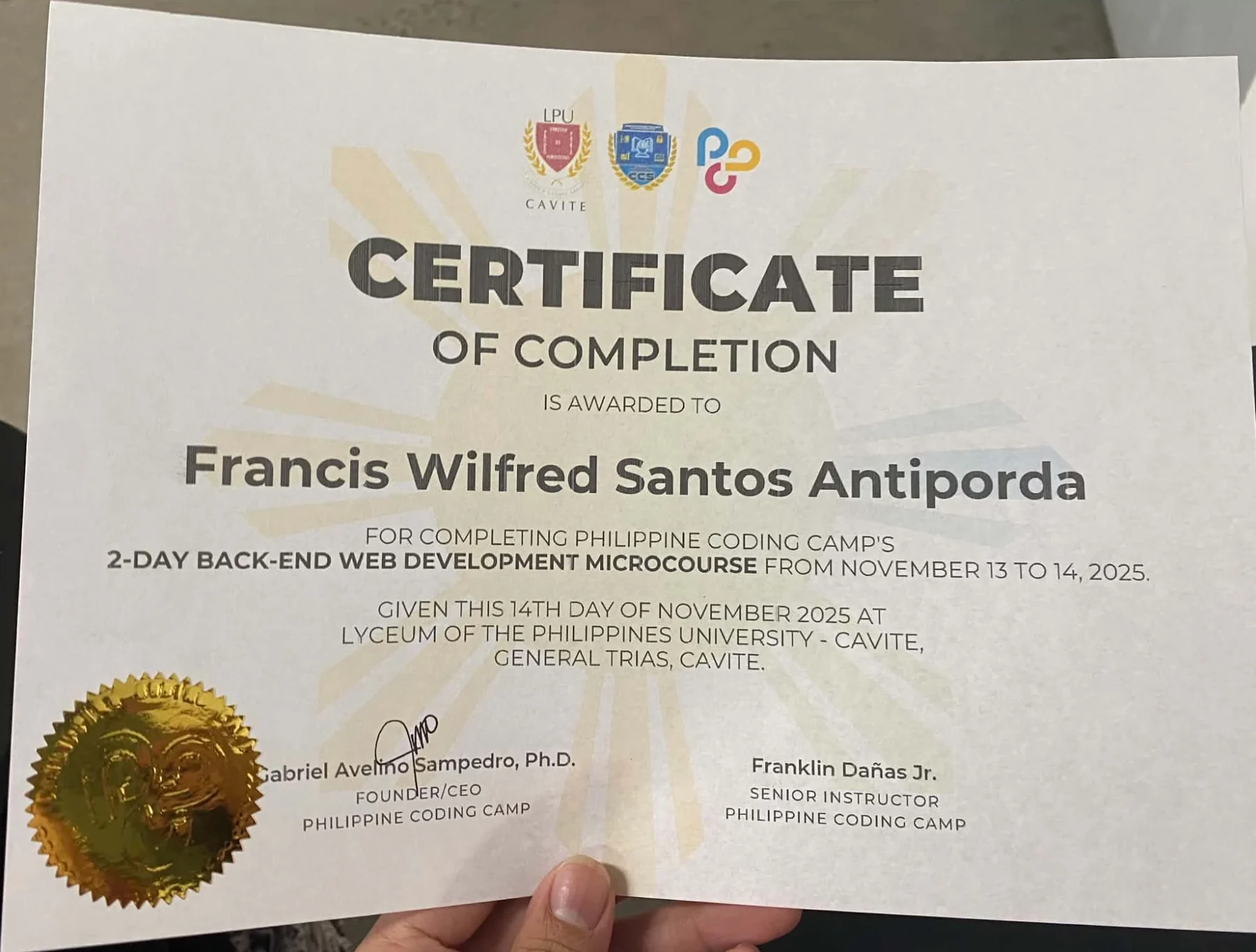 Philippine Coding Camp certificate of completion awarded to Francis Wilfred Santos Antiporda for the 2-day back-end web development microcourse, 13 to 14 November 2025, given at Lyceum of the Philippines University Cavite.